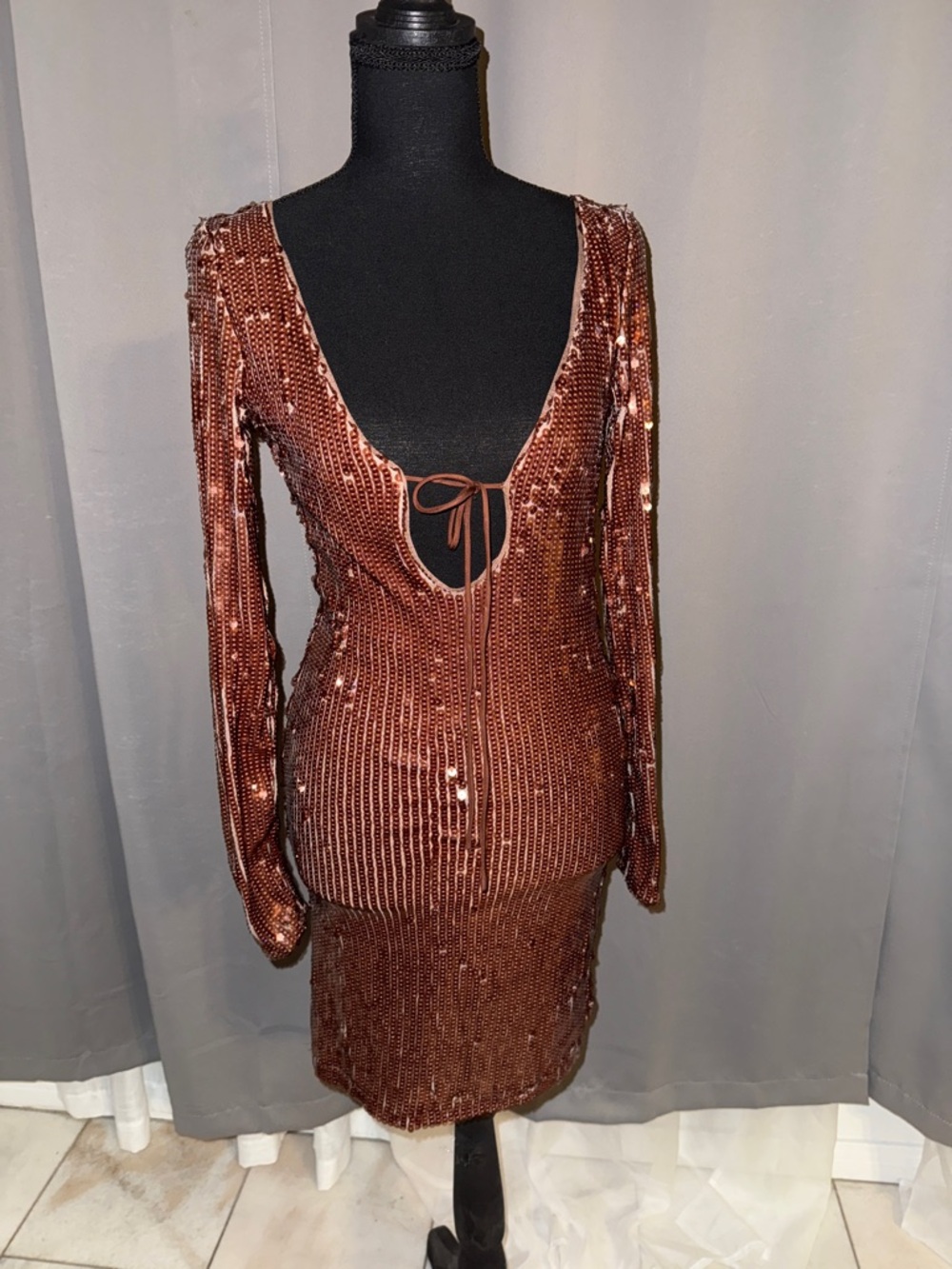 Bardot Copper Sequin Long-Sleeve Scoop-Back Mini Dress